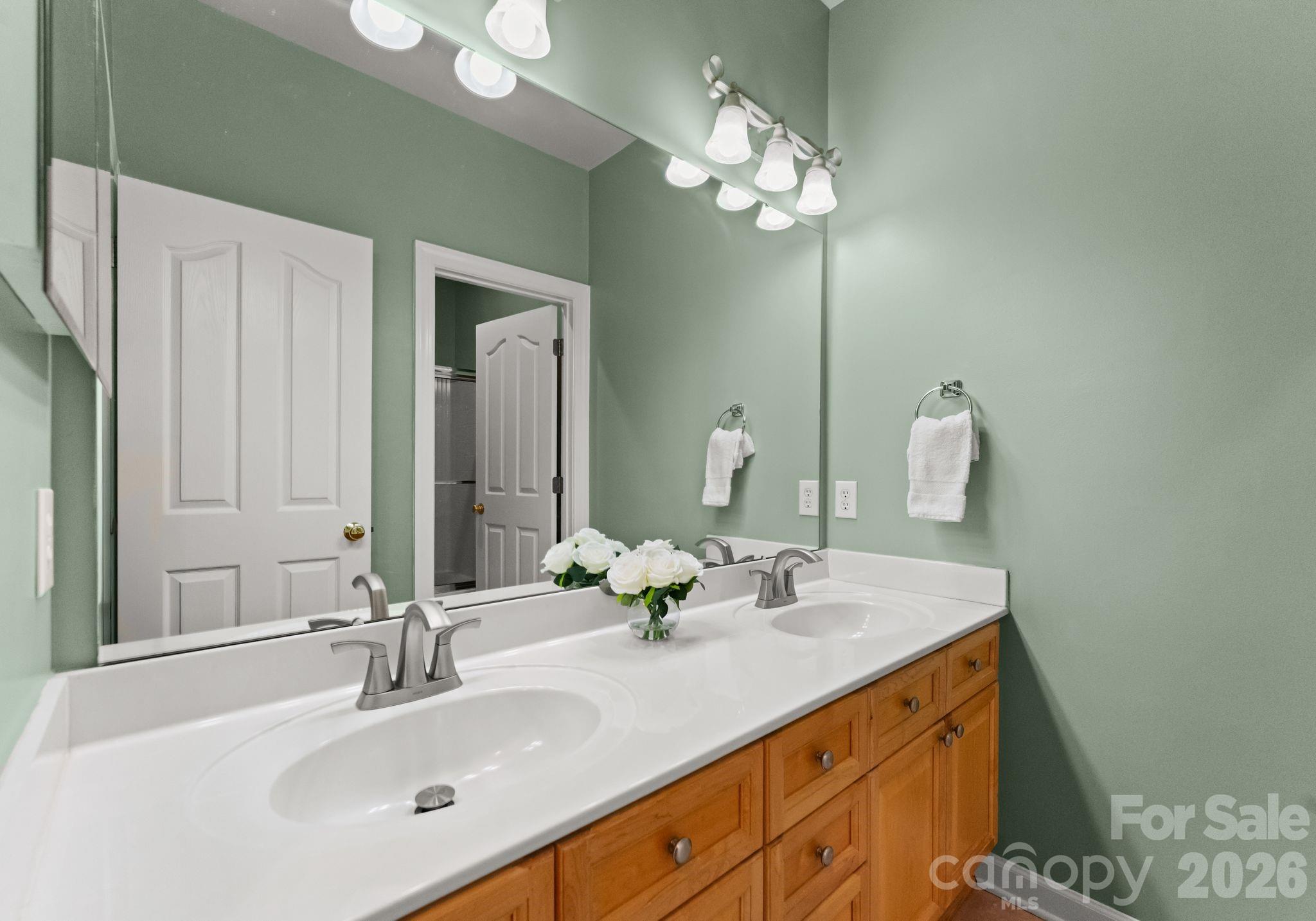 10012 Paradise Ridge Road Charlotte, NC 28277 - Photo 30 of 48 a bathroom with a double vanity sink and a mirror