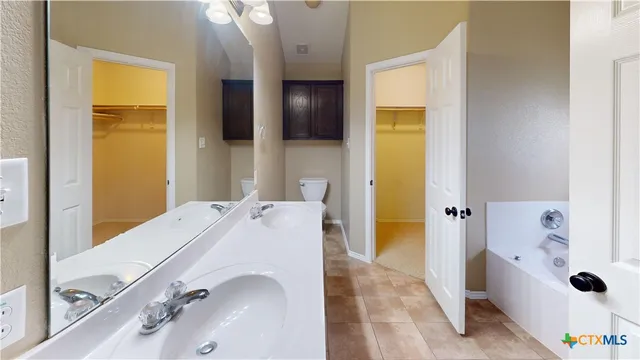 a bathroom with a tub sink and mirror