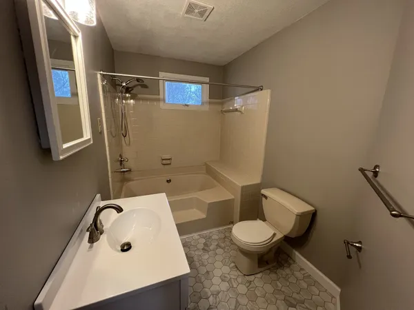 a bathroom with a sink a toilet and a mirror