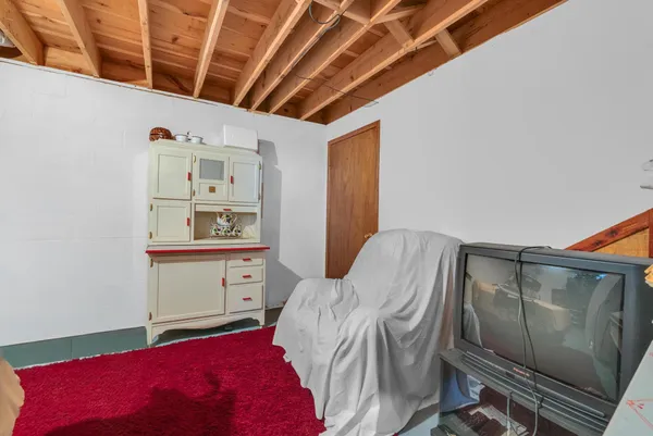 a view of a garage with storage