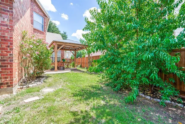 a view of a yard with plants and a fountain