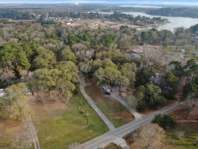 an aerial view of residential houses with outdoor space and trees