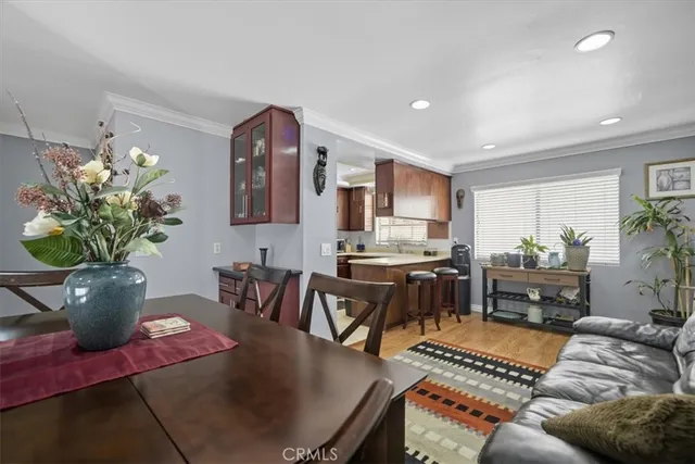 a living room with furniture kitchen view and a potted plant