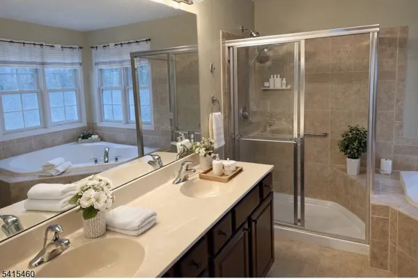 a bathroom with a tub sink and mirror