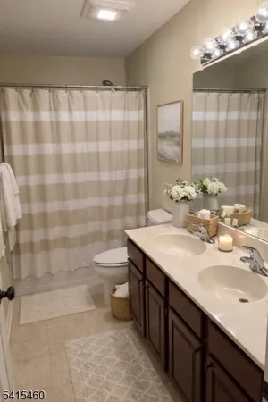 a bathroom with a sink a toilet and shower curtain