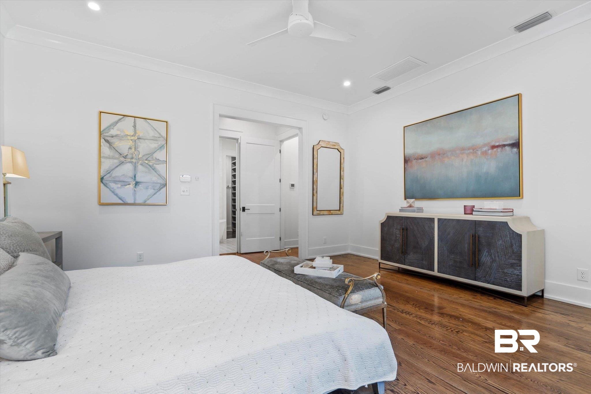 4602 Kingswood Drive Mobile, AL 36608 - Photo 14 of 45 Bedroom with ornamental molding, dark wood-style flooring, ceiling fan, and recessed lighting