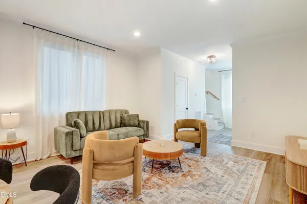 a view of a dining room with furniture