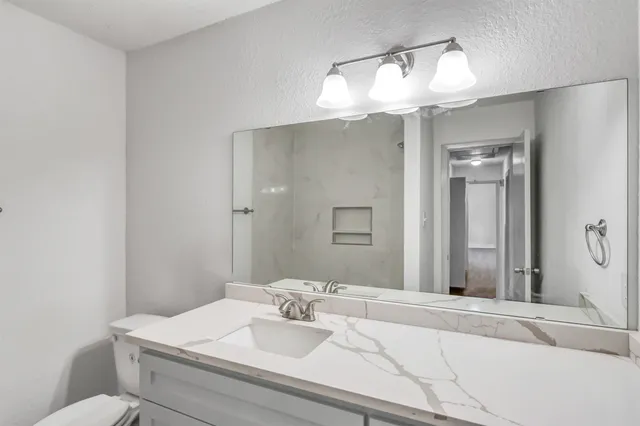 a bathroom with a sink a toilet and a mirror