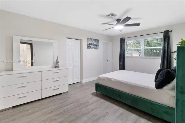 a bedroom with a bed and a dresser