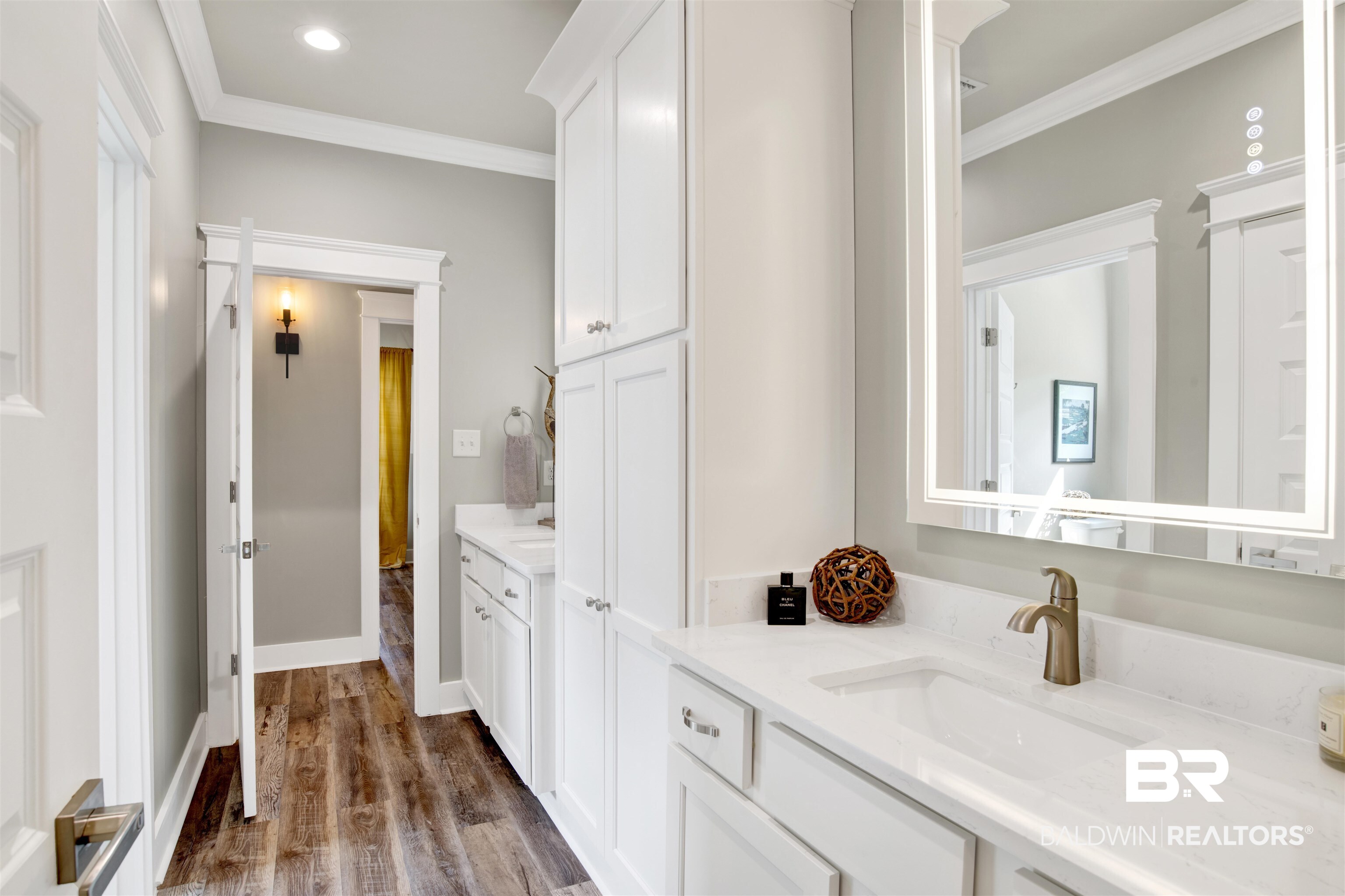 21621 Veranda Boulevard Fairhope, AL 36532 - Photo 9 of 51 Bathroom with vanity, ornamental molding, wood finished floors, and recessed lighting