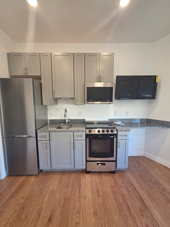165 Hawthorne Street, Unit 303 Chelsea, MA 02150 - Photo 2 of 14 a kitchen with stainless steel appliances a stove a microwave and a hard wood floors
