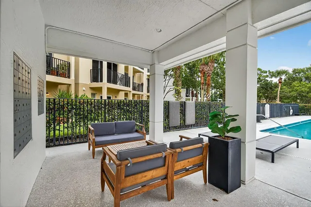 a building outdoor space with patio furniture