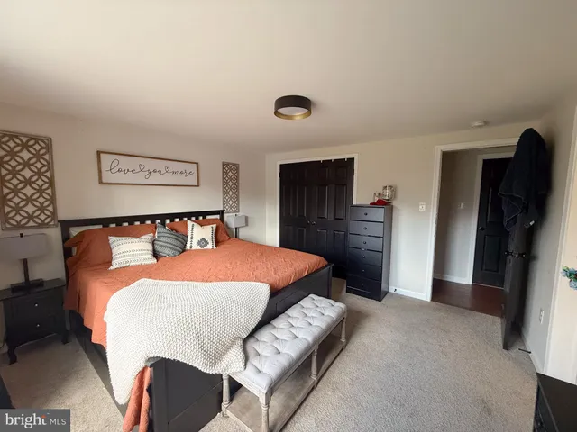 a bedroom with a bed and a closet