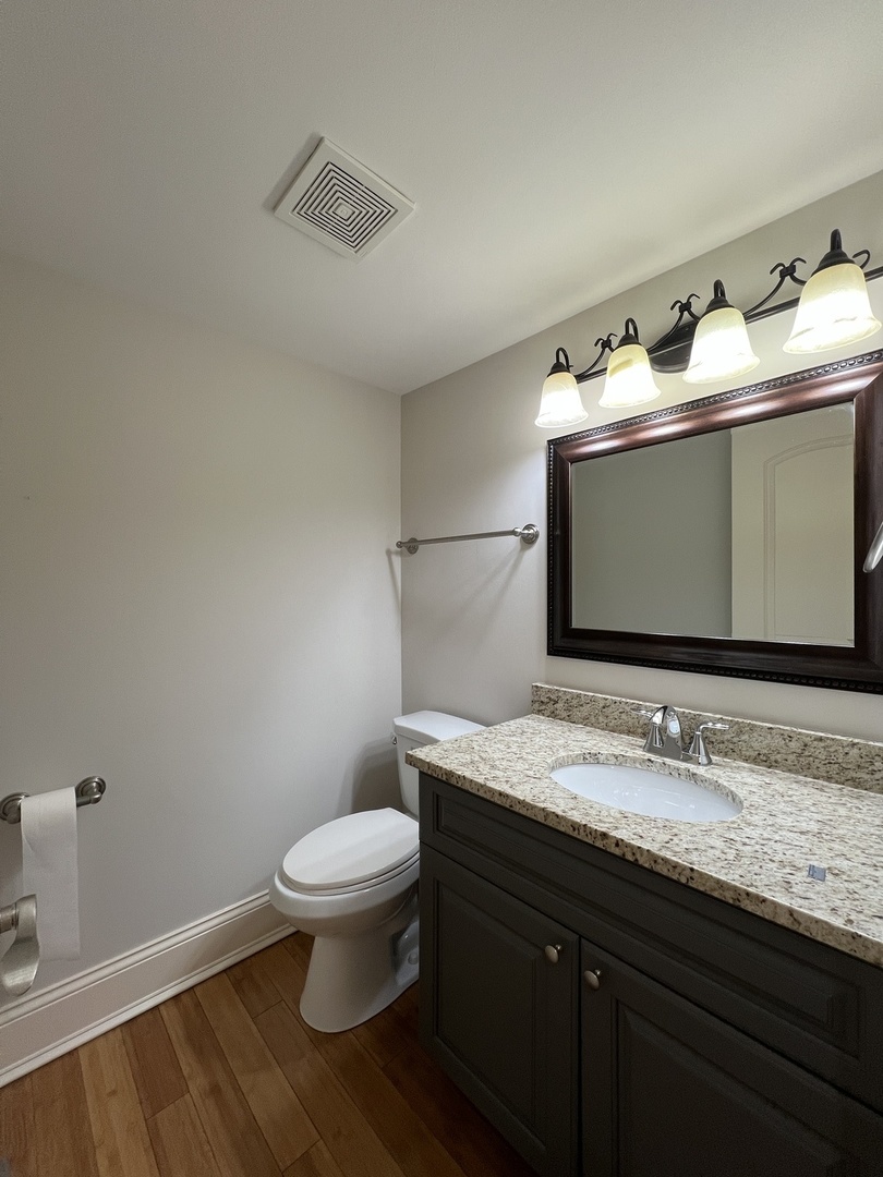 1108 Devonshire Road Buffalo Grove, IL 60089 - Photo 8 of 22 a bathroom with a granite countertop sink toilet and mirror