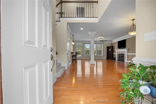 a view of an entryway with wooden floor and a potted plant