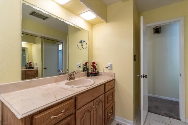 a bathroom with a sink vanity and a mirror