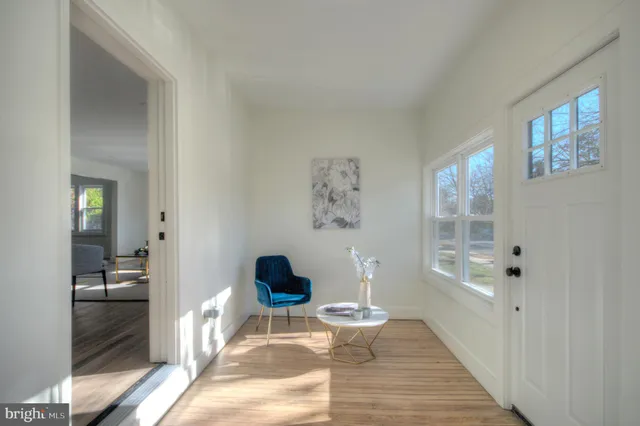 a view of a livingroom with wooden floor and furniture
