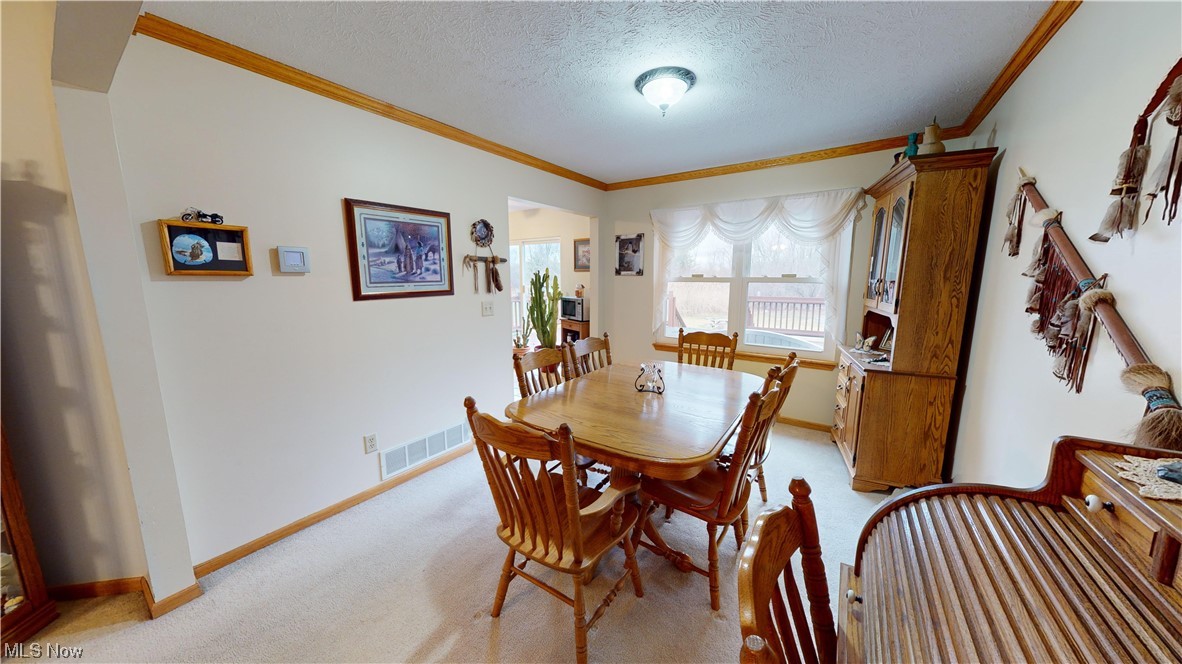 12431 Carter Road Painesville, OH 44077 - Photo 5 of 33 Dining room featuring a textured ceiling, ornamental molding, and light colored carpet
