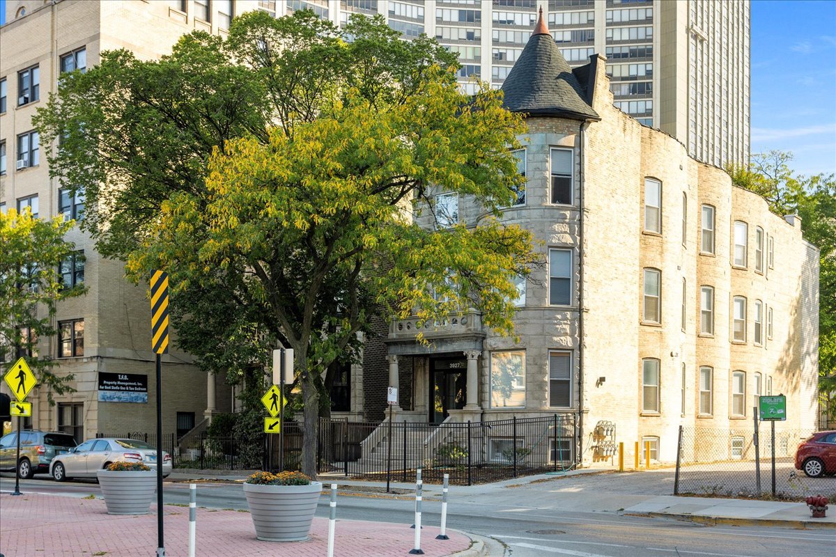 front view of a building with a street
