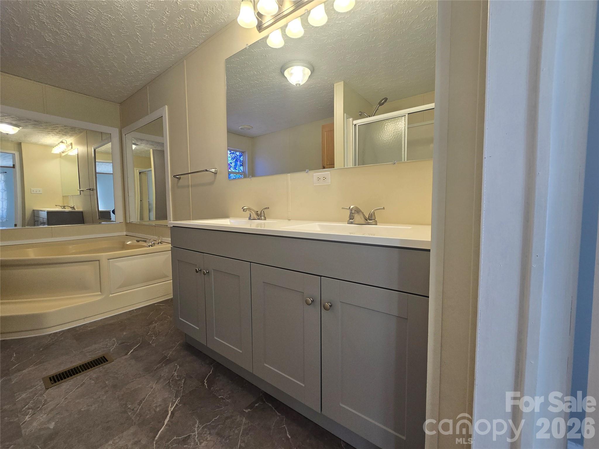 71 London Lane Clyde, NC 28721 - Photo 23 of 33 a bathroom with a double vanity sink and a mirror