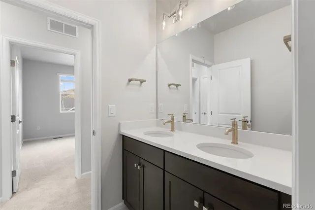 a bathroom with a sink double vanity and a mirror