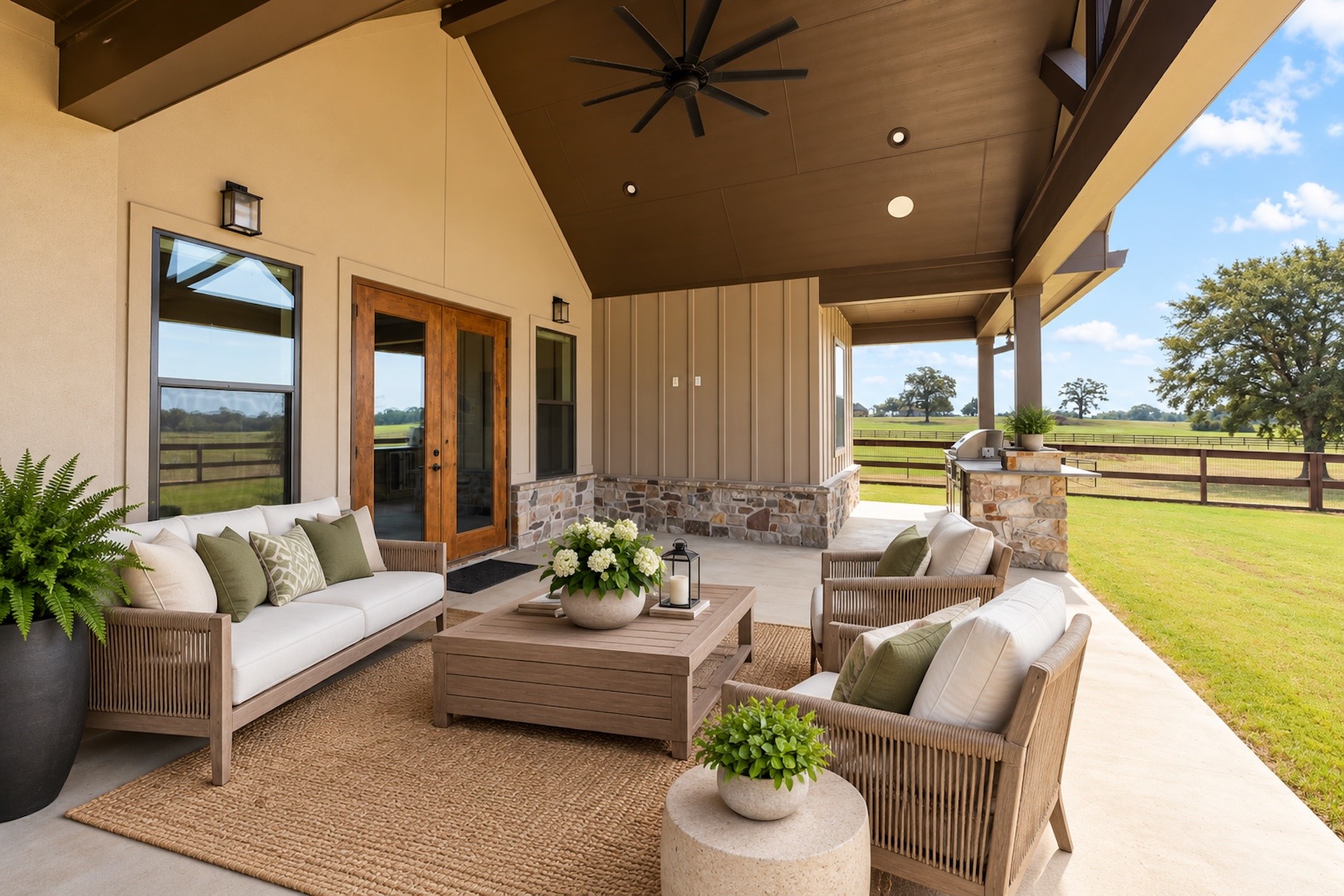 30163 High Spirit Ranch Road Hempstead, TX 77445 - Photo 6 of 46 Large covered back patio with rich wood glass doors and a well-appointed space for all your patio furniture. Notice the outdoor kitchen and bar area. (Virtually staged furniture)