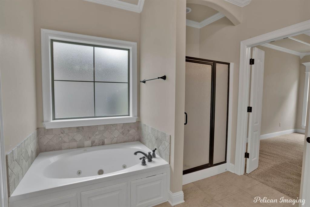 346 Wood Springs Haughton, LA 71037 - Photo 16 of 25 Full bathroom with crown molding, a stall shower, a jetted tub, and tile patterned flooring