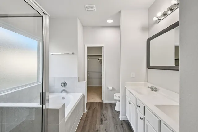 a bathroom with a double vanity sink a mirror and a bathtub
