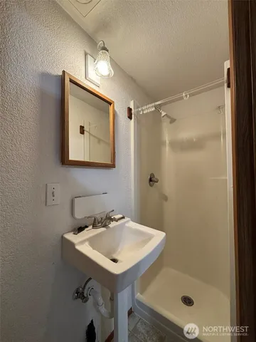 a bathroom with a sink mirror and a shower