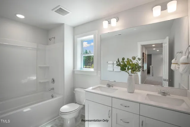 a bathroom with a bathtub shower sink vanity and toilet