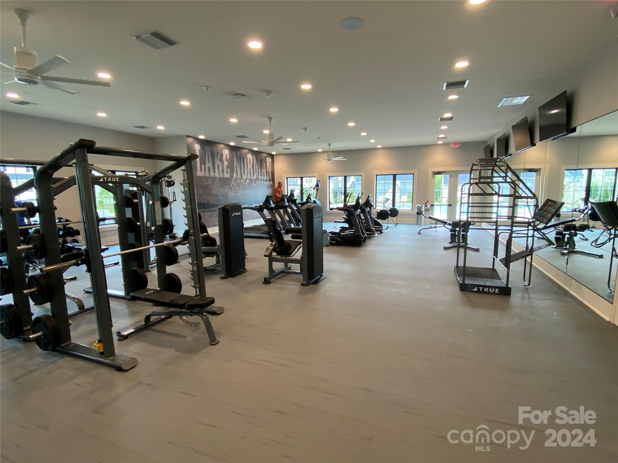 765 Hazel Way Denver, NC 28037 - Photo 31 of 35 a view of a room with gym equipment and lots of large windows