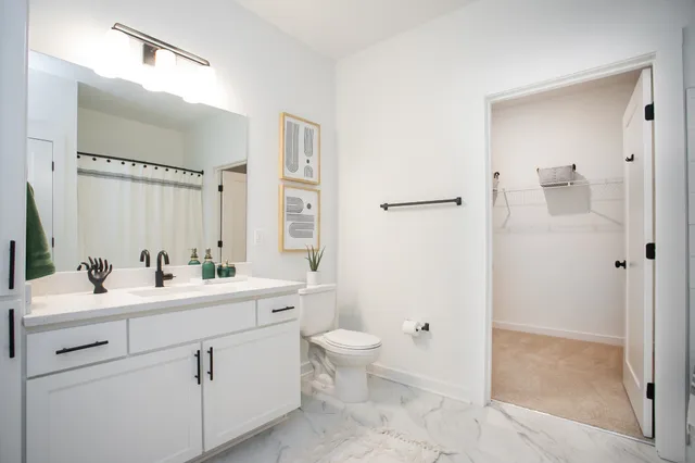 a bathroom with a double vanity sink mirror and toilet