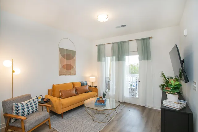 a living room with furniture and a potted plant