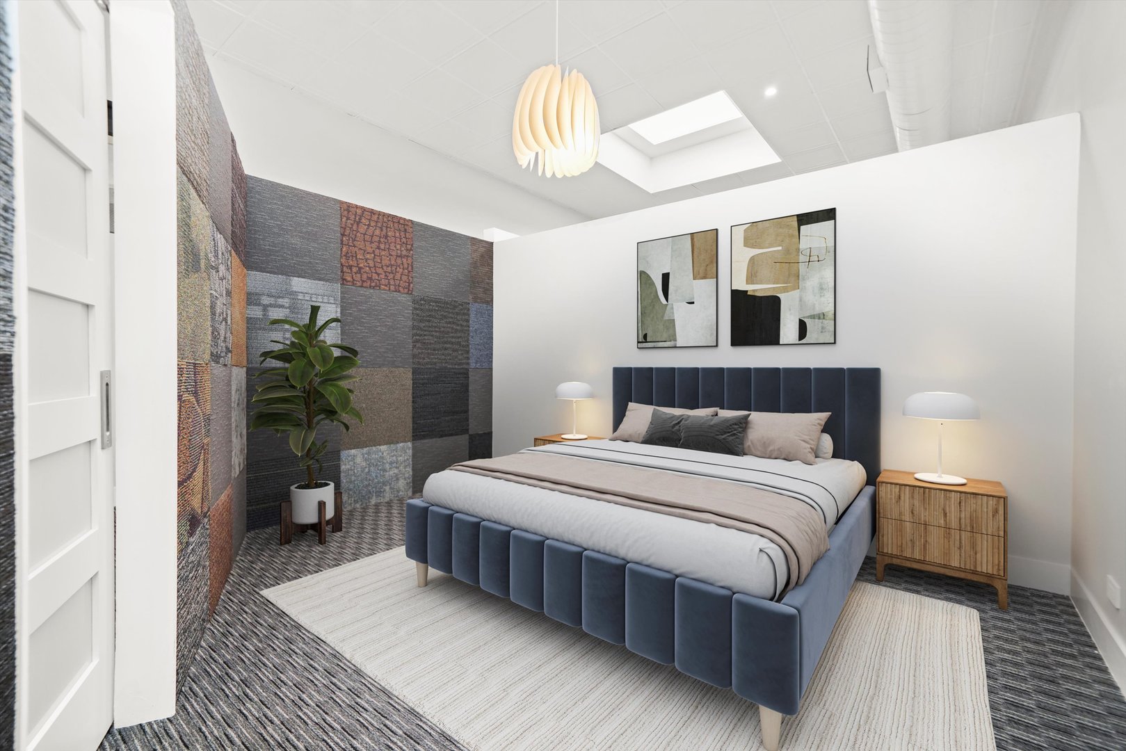 300 North Ogden Avenue, Unit 202 Chicago, IL 60607 - Photo 6 of 25 a bedroom with a large bed and a chandelier