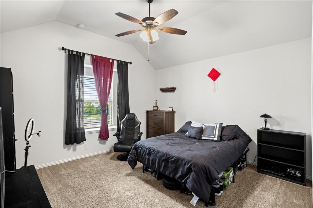 1814 Chadwick Lane Forney, TX 75126 - Photo 35 of 40 Bedroom with carpet, vaulted ceiling, and a ceiling fan