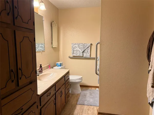 a bathroom with a sink a toilet and shower curtain