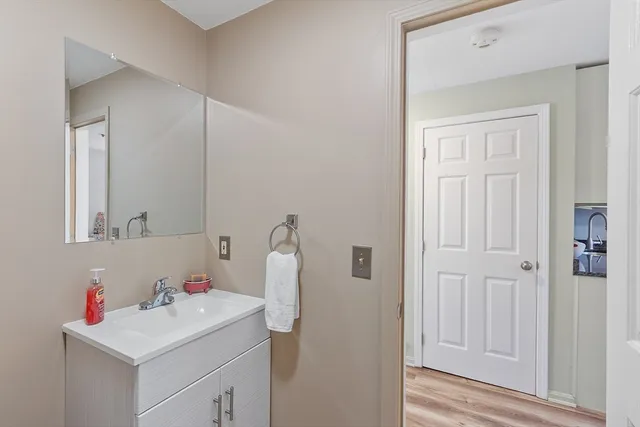 a bathroom with a sink vanity and a mirror