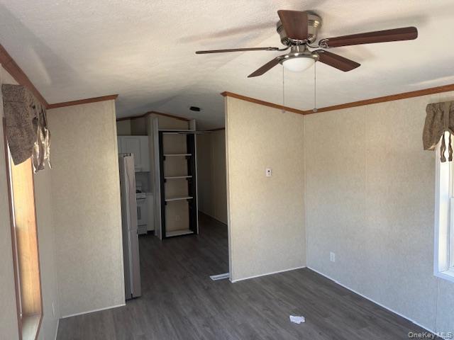 29 Call Hollow Road Stony Point, NY 10980 - Photo 3 of 8 Unfurnished room with dark wood-style floors, ornamental molding, vaulted ceiling, ceiling fan, and a textured ceiling