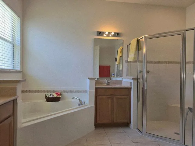 a bathroom with a tub sink and mirror
