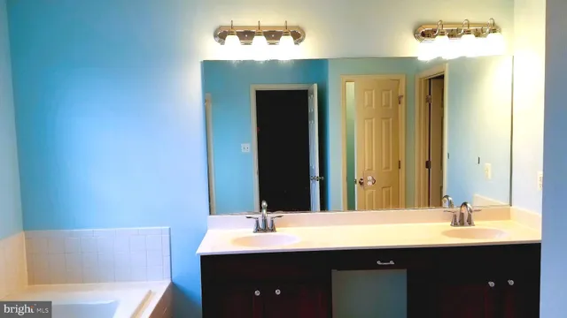 a bathroom with a double vanity sink and a mirror