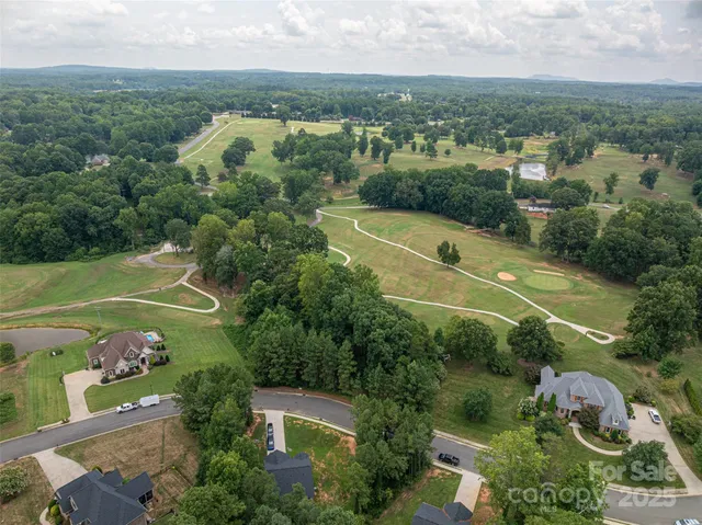 an aerial view of residential houses with outdoor space and trees