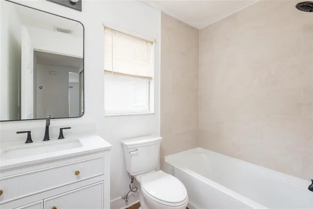 a bathroom with a toilet a sink a mirror and bathtub