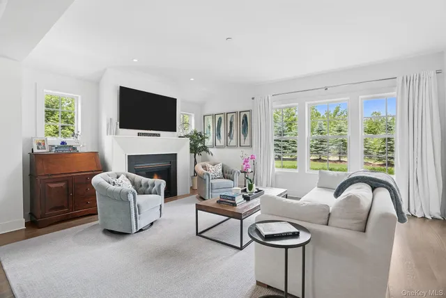 a living room with furniture a fireplace and a flat screen tv