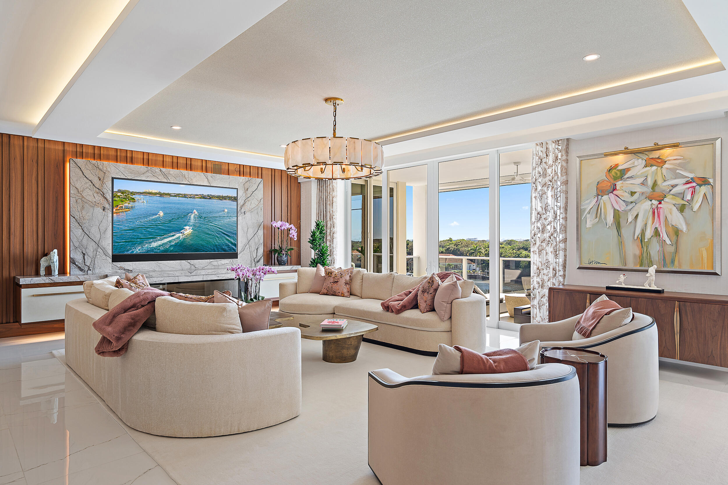 2720 Donald Ross Road, Unit 505 Palm Beach Gardens, FL 33410 - Photo 6 of 43 a living room with fireplace furniture and a flat screen tv