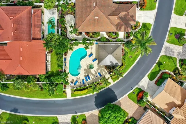 an aerial view of a house with a yard and potted plants