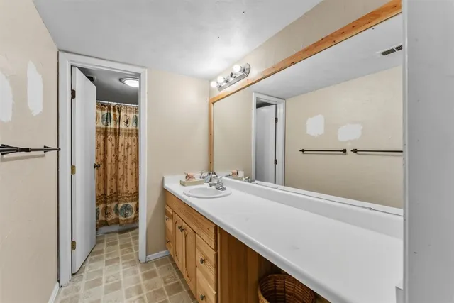 a bathroom with a sink a mirror and a shower