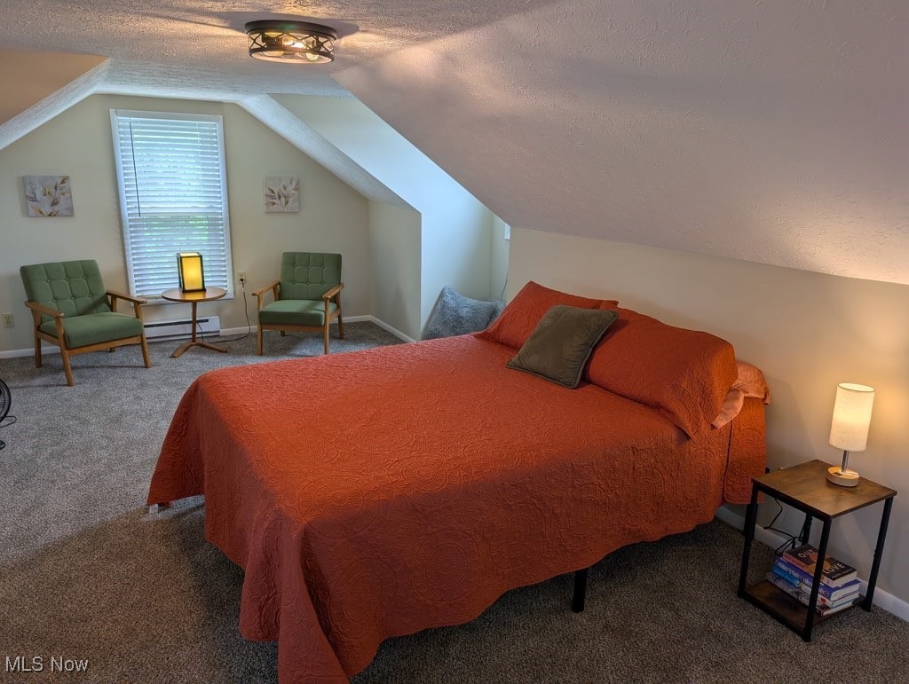 5860 Haber Road Vermilion, OH 44089 - Photo 23 of 31 Carpeted bedroom with a baseboard radiator, a textured ceiling, and vaulted ceiling