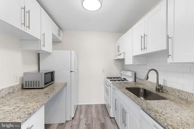 a kitchen with stainless steel appliances granite countertop a sink a stove and a refrigerator