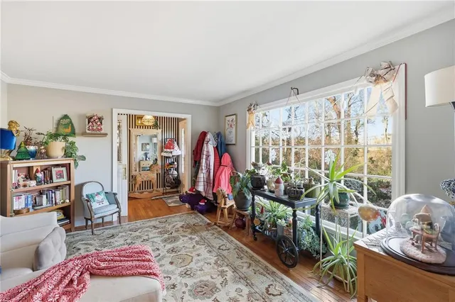 a view of a dining room with furniture