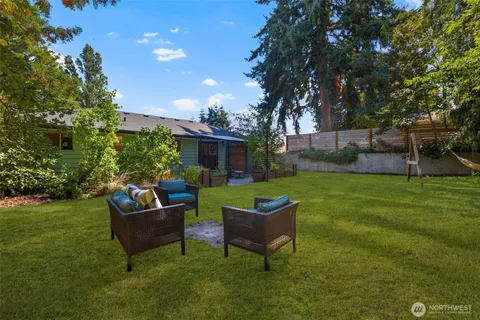 a garden view with a seating space